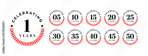 Ten circular logos celebrate 5, 10, 15, 20, 25, 30, 35, 40, 45, and 50 years with red stripes and black text on a white background.