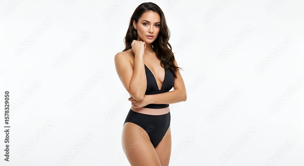 Obraz premium Elegant woman poses confidently wearing a black two-piece swimsuit against a white backdrop.