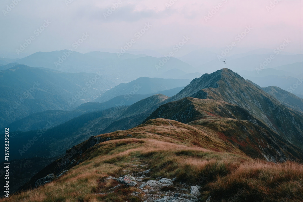 Fototapeta premium Mountain Ridge with Wind Turbine
