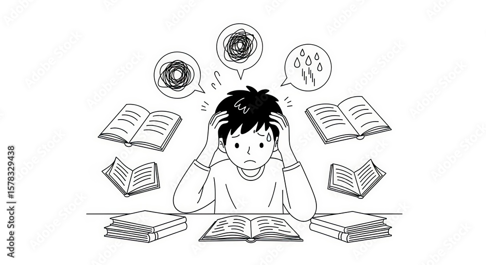 Stressed Young Boy Surrounded by Open Books with Confusion and Overwhelm Stressed Young Boy Surrounded by Open Books with Confusion and Overwhelm