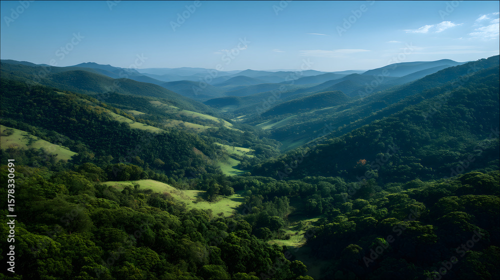 Naklejka premium Aerial View of Lush Green Mountain Ranges and Serene Valleys Under a Clear Blue Sky, Showcasing Nature's Untouched Beauty and Tranquility