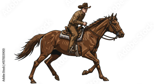A brown horse gallops with a cowboy rider in a detailed illustrative style on white background
