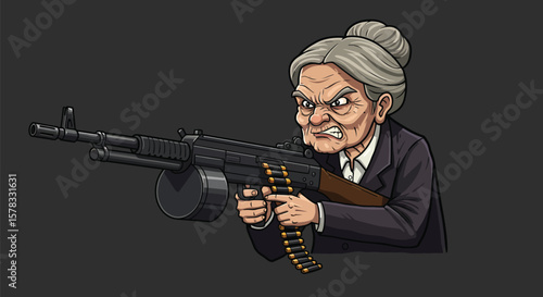 An elderly woman wielding a large weapon with a menacing expression ready to fire