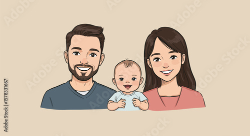 Artistic depiction of a happy family, parents and child portrait illustration