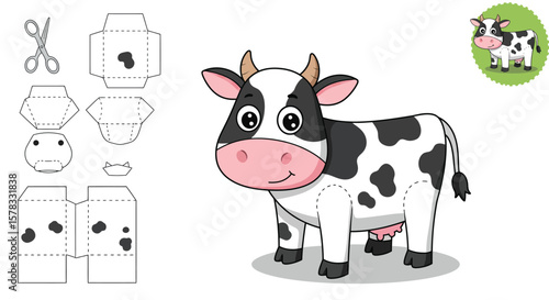 Cow with papercraft template, scissors, and assembled model, creating a unique visual