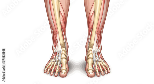 Detailed anatomical illustration of human feet displaying bones, muscles, and connective tissues