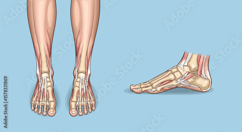 Detailed Illustration of the Human Foot and Ankle Anatomy with Skeletal and Muscular Structure