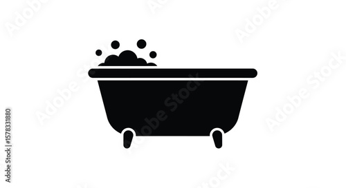 Elegant black and white illustration depicting a bubbly bathtub full of water and foam