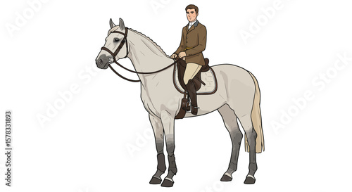 Equestrian depiction of a rider on a gray horse, classic and elegant illustration