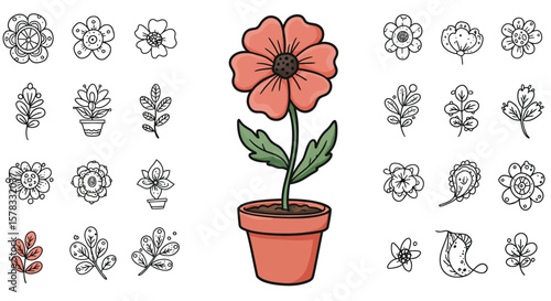 Hand-drawn illustration of a vibrant flower in a pot accompanied by ornamental floral elements