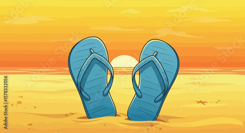 Illustrated pair of blue flip-flops on a sandy beach at sunset or sunrise