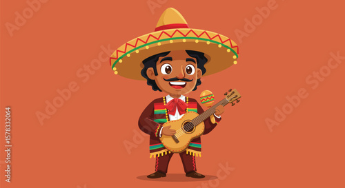Illustration of a Mexican musician in traditional attire playing a guitar and maraca
