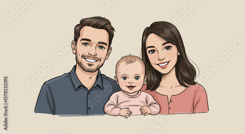 Illustration of a happy family with a baby, a man and a woman smiling together