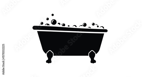 Silhouette of a Clawfoot Bathtub filled with Bubbles, Illustration of Bath Time