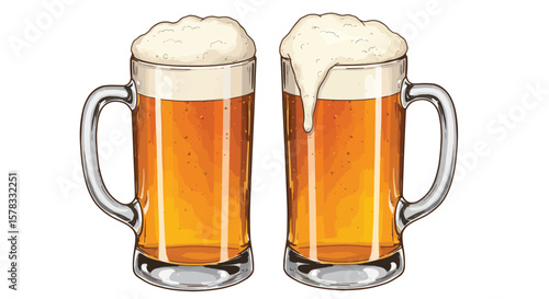 Refreshing Beer Mugs in a Detailed Illustration with Frothy Tops and Realistic Details