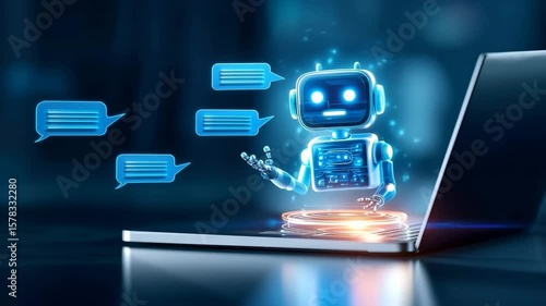 Artificial intelligence chatbot and digital robot assistant with virtual conversation interface laptop, futuristic technology, glowing blue