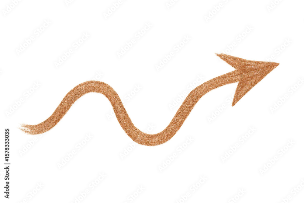 Fototapeta premium Curved orange fuzzy arrow angling upward and rightward, symbolizing dynamic direction against transparent backdrop for graphic design