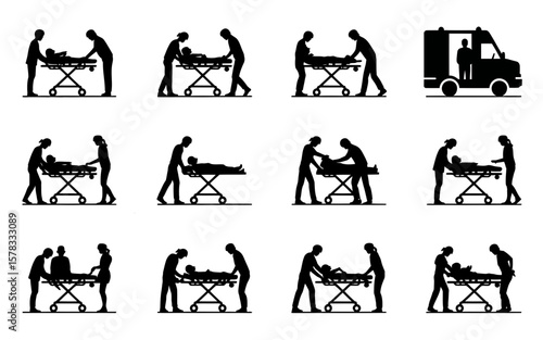Emergency Paramedic stretcher service icons silhouette