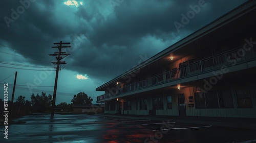 Moody motel under stormy sky