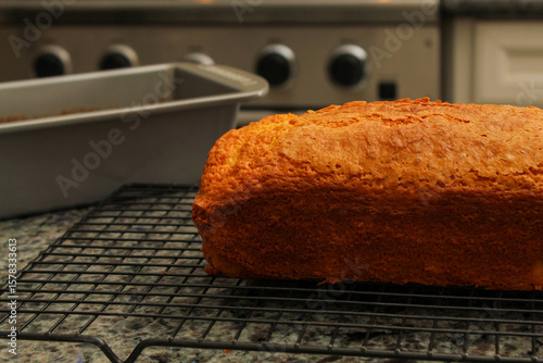 Freshly Baked Pound Cake in Warm, Casual Kitchen Environment