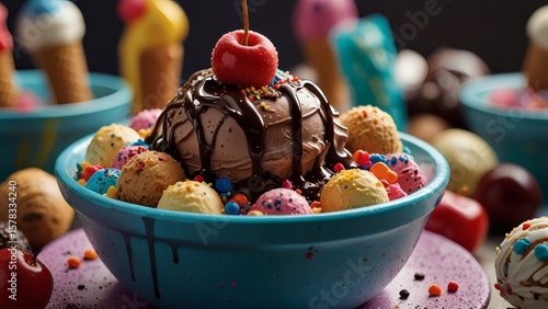 Colorful Ice Cream Sundae Bowl with Chocolate Drizzle, Sprinkles, and Cherry Topping