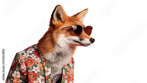 Cool fox with sunglasses and floral shirt image for animal lovers and funny pictures and meme content online  isolated on transparent background