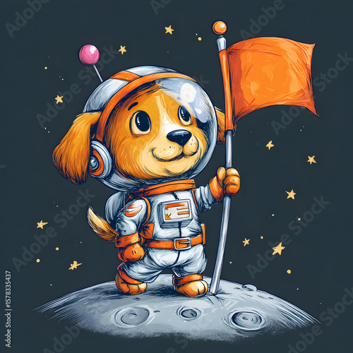 Cute Dog Astronaut on Moon Holding Orange Flag in Space Scene