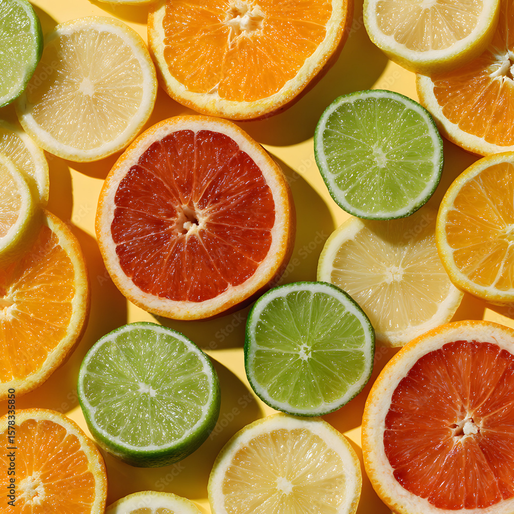 Fototapeta premium Fresh Citrus Slices of Orange, Lemon, Lime, and Grapefruit on Yellow