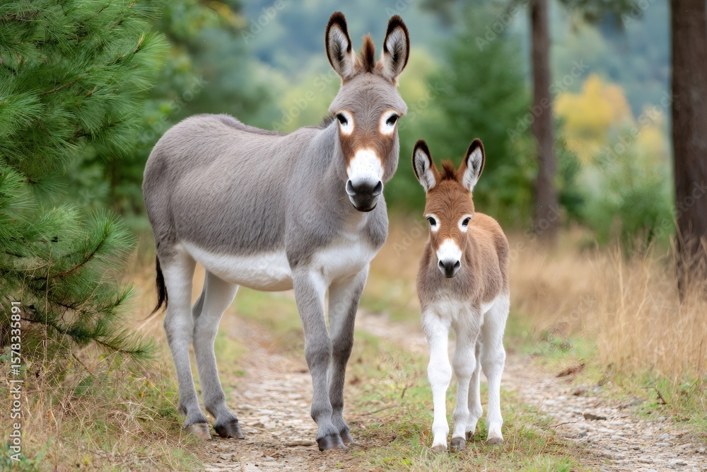 Fototapeta premium Donkey mother and her foal standing on a path in the forest