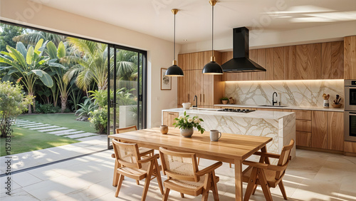 Luxury Kitchen with Island and View to Tropical Garden