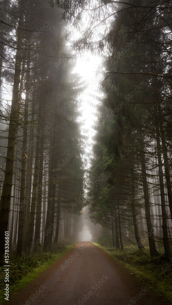 Fototapeta premium Foggy forest path landscape photography, nature trail through trees, woodland scenery view
