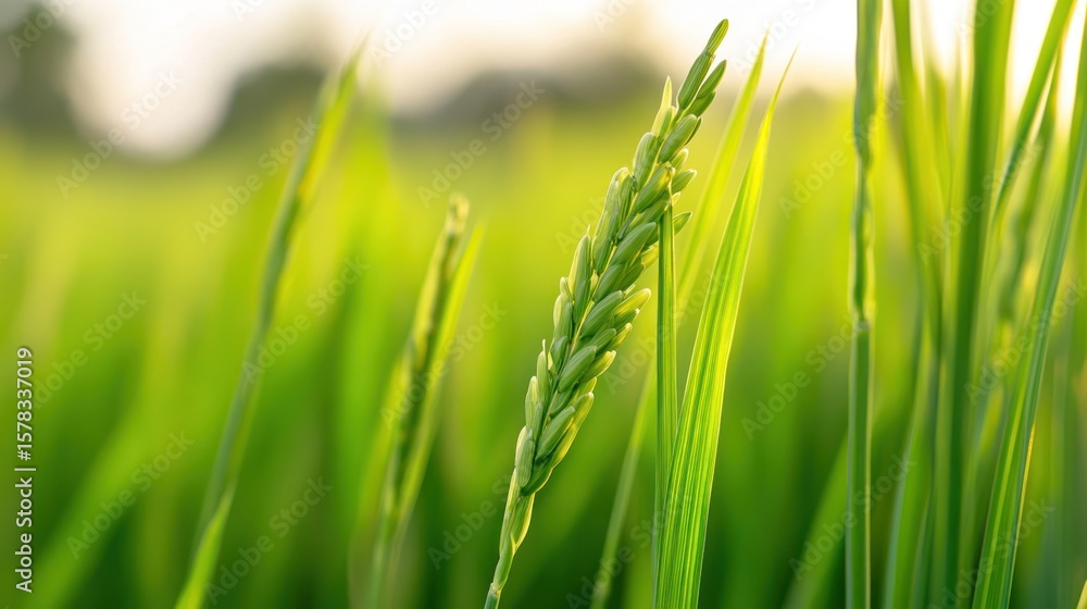 Naklejka premium Close-up of rice paddy at sunset