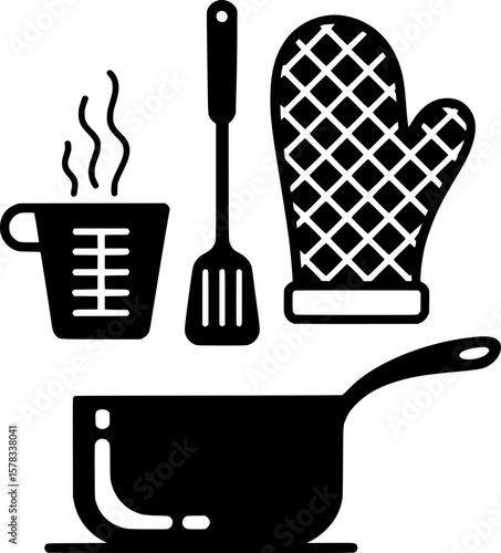 Bold black silhouette of saucepan, spatula, measuring cup, and oven mitt, ideal for home cooking designs