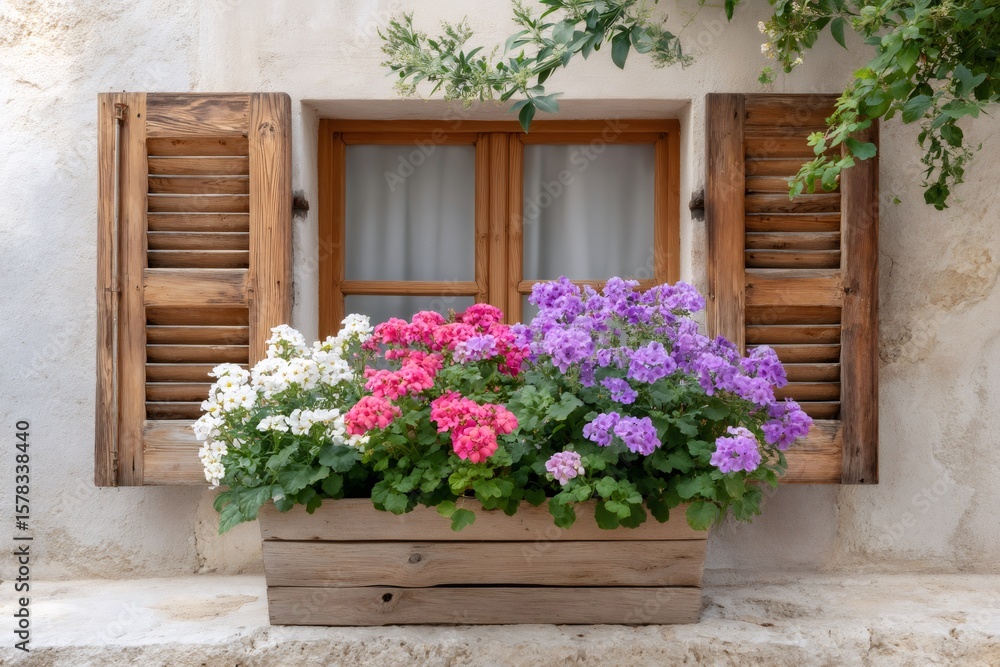 Fototapeta premium Colorful geraniums decorating window of traditional house in mediterranean village