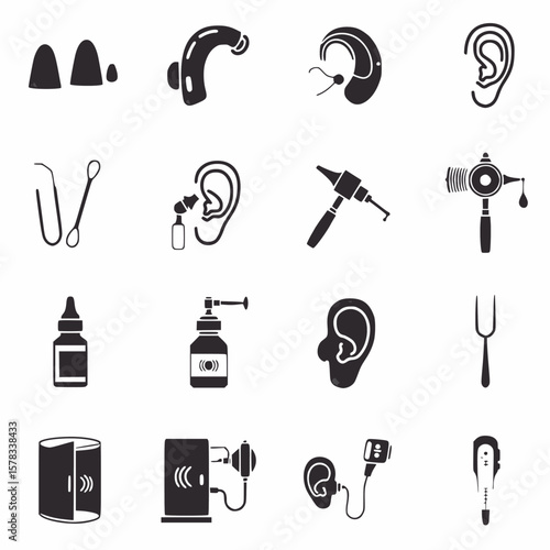 Hearing Aid & Audiology Icons: Devices, tools, and products for ear care and hearing solutions