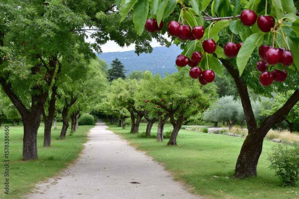 Fototapeta premium Ripe red cherries hanging from tree branches bordering gravel path in orchard