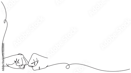 Minimalist one-line drawing of two fists bumping in the lower left corner
