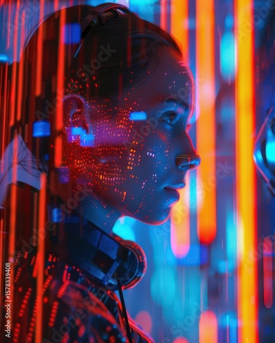 hollow AI avatar harvesting personal data on neon threads cyberpunk .