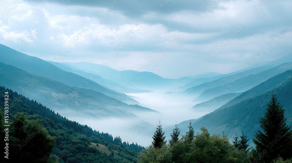 Fototapeta premium Serene Mountain Landscape with Misty Valleys and Overcast Sky, Capturing the Beauty of Nature's Tranquility and Depth