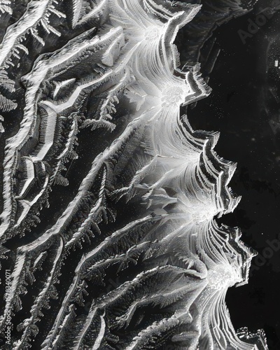 macro photography of frost patterns on window .