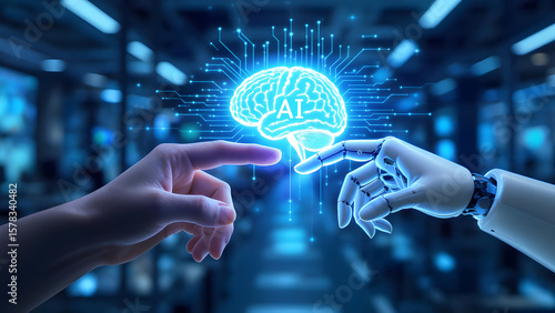 Human and AI Hands Connect Through Glowing Digital Brain