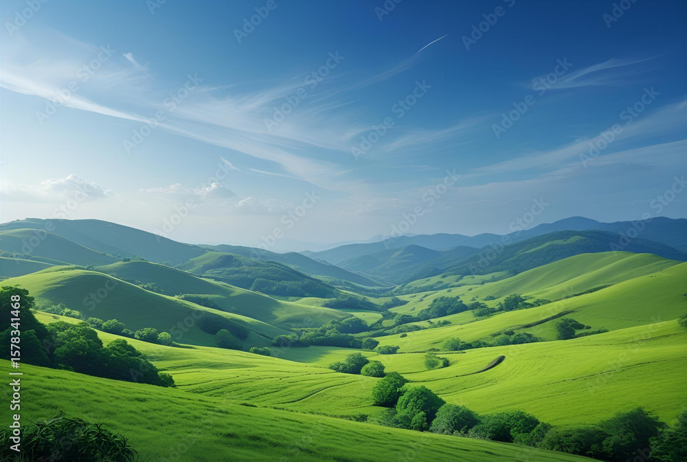 Fototapeta premium Vibrant Landscape of Lush Green Rolling Hills Under a Blue Sky
