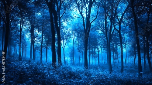 Mysterious blue forest at night