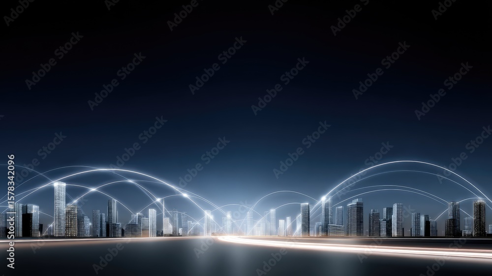 Obraz premium Modern Cityscape with Digital Connectivity Lines Illuminating Urban Landscape at Night