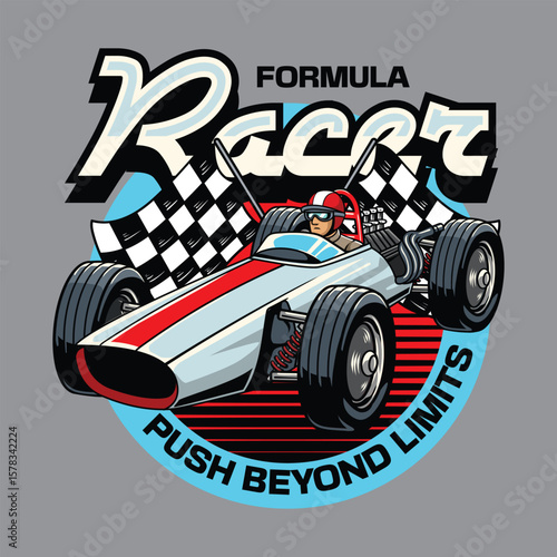 Vintage hyperspeed race car speeds forward with dual checkered flags and bold Push Beyond Limits slogan on gray background