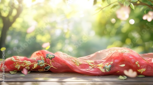 Vibrant red scarf with golden embroidery symbolizes youth and hope, evoking warmth and inspiration.