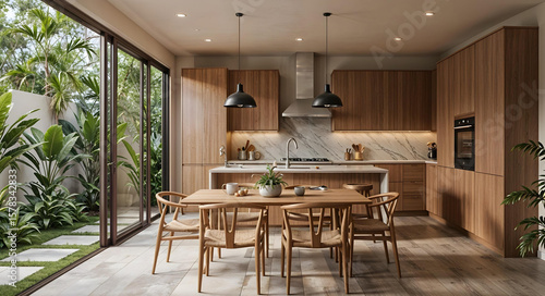 Luxury Kitchen with Island and View to Tropical Garden
