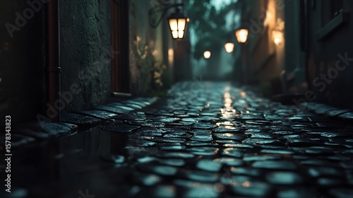 Mysterious cobblestone alley at night