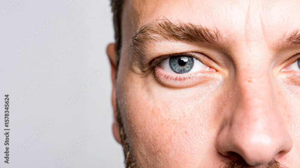 Obraz premium A very close-up shot of a man's face, focusing intently on his blue eye, eyebrow, and stubble/beard texture. The lighting highlights the detail and lines around his eye.