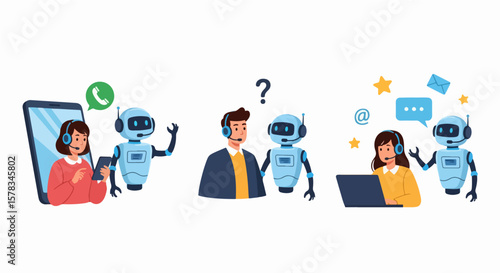 AI Chatbots Assisting Customer Support Team Cartoon Illustration